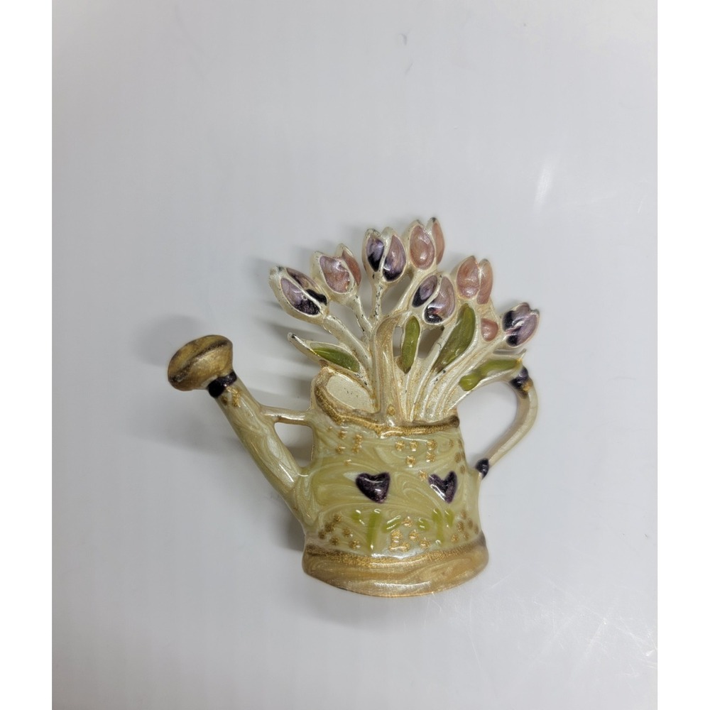 Vintage Enamel Brooch Pin Watering Can Hearts With Tulip Like Flowers 1.75"